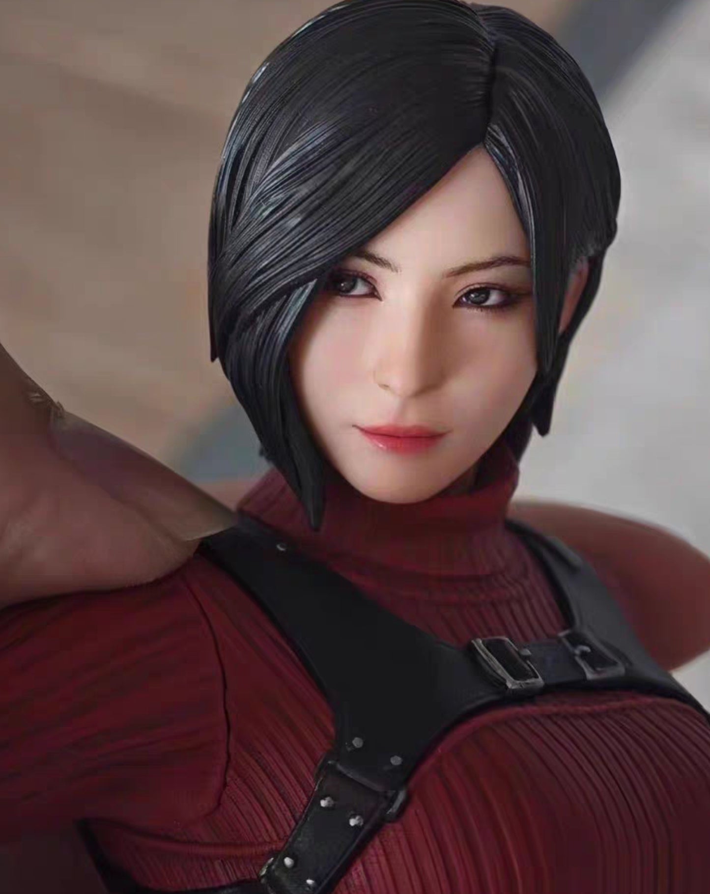 Close-up of the Ada Wong figure's face and hair, detail shot of the Resident Evil collectible sculpt and paintwork