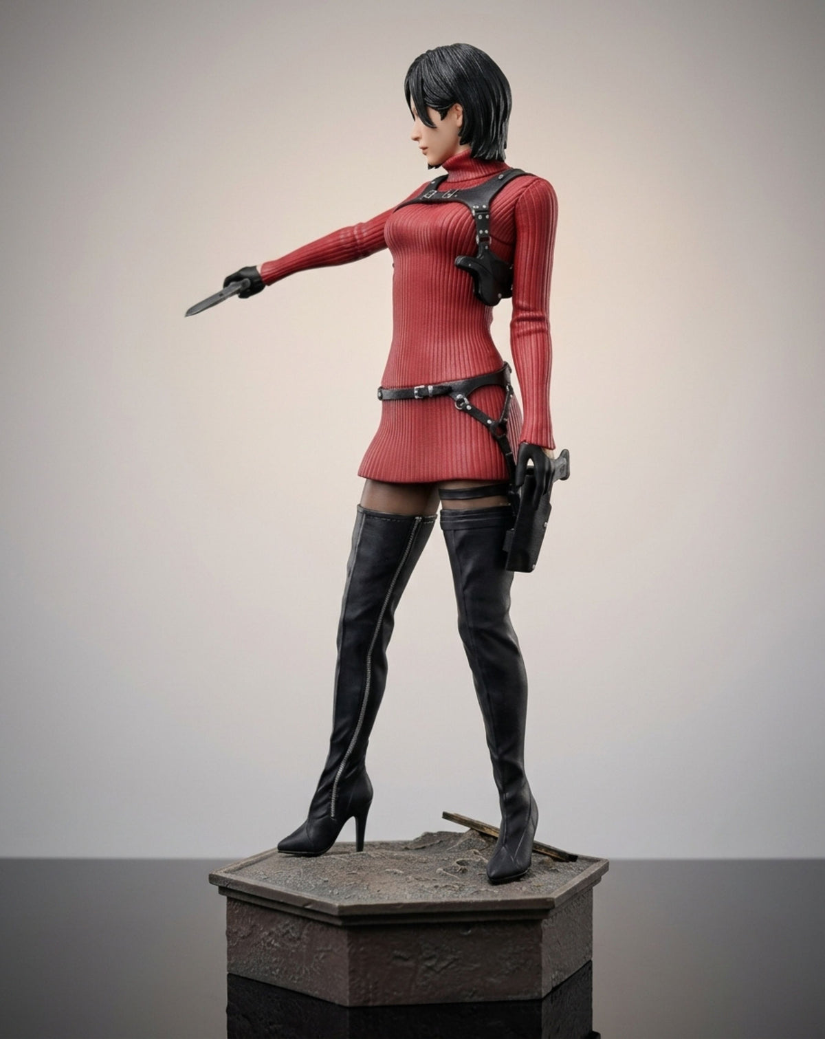 Resident Evil Ada Wong statue, front pose showing the red dress and thigh boots in full body view