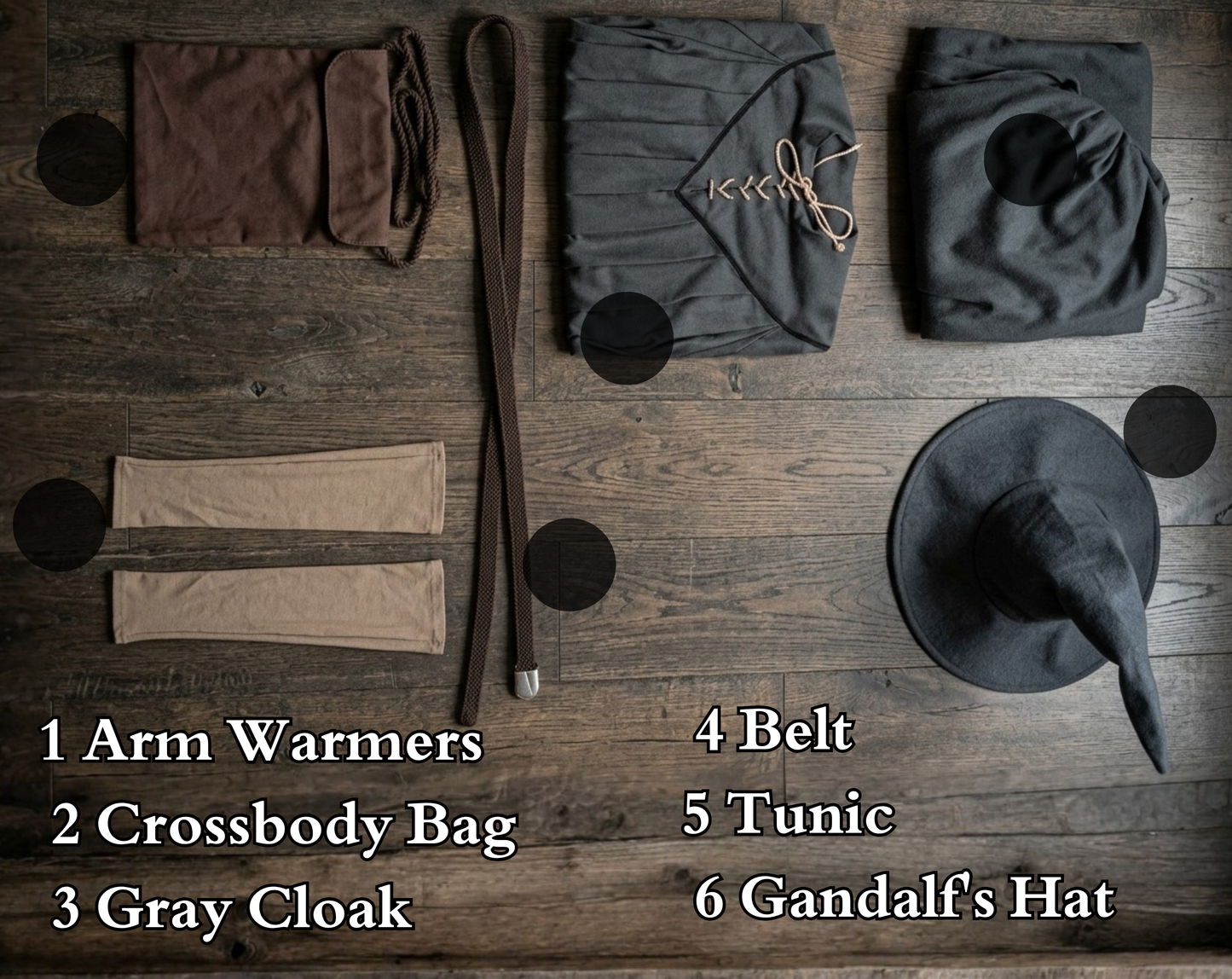 Gandalf the Grey 6 piece cosplay set flat lay on wood surface showing all included items labeled arm warmers crossbody bag gray cloak belt tunic and hat