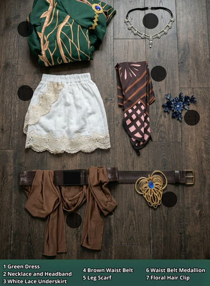Triss Merigold 7 piece cosplay set flat lay showing all included items dress belt brooch necklace underskirt leg scarf and hair clip