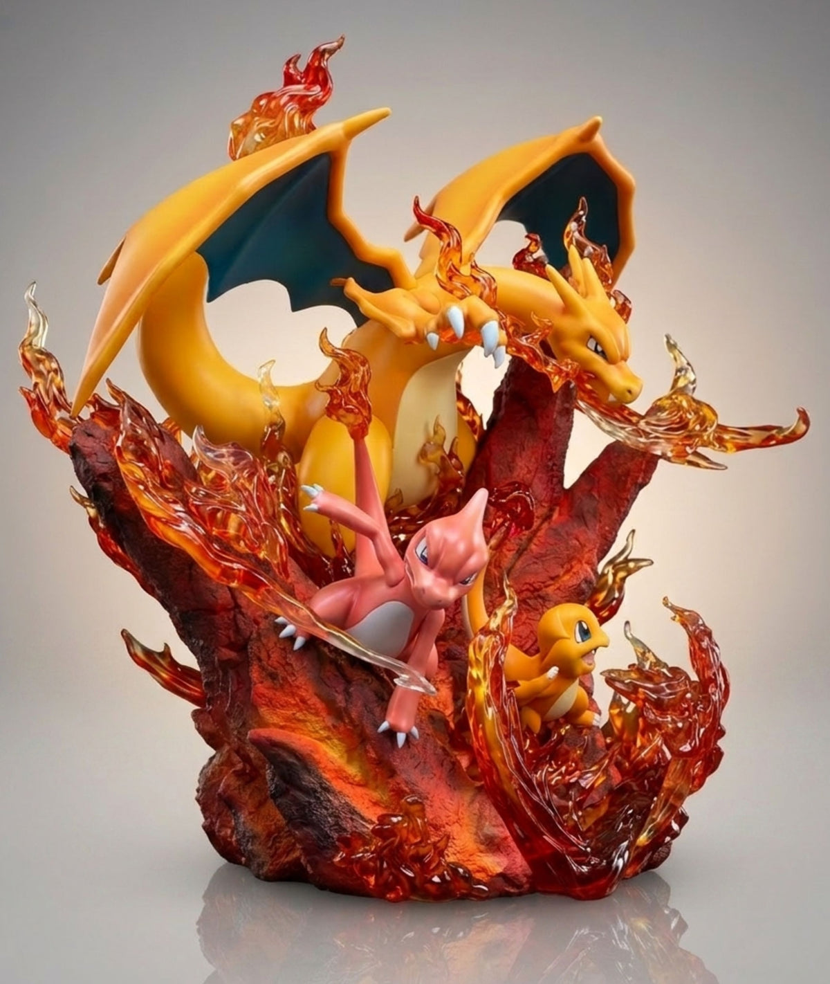Charizard fire dragon statue 31cm front view with spread wings and sculpted flame base