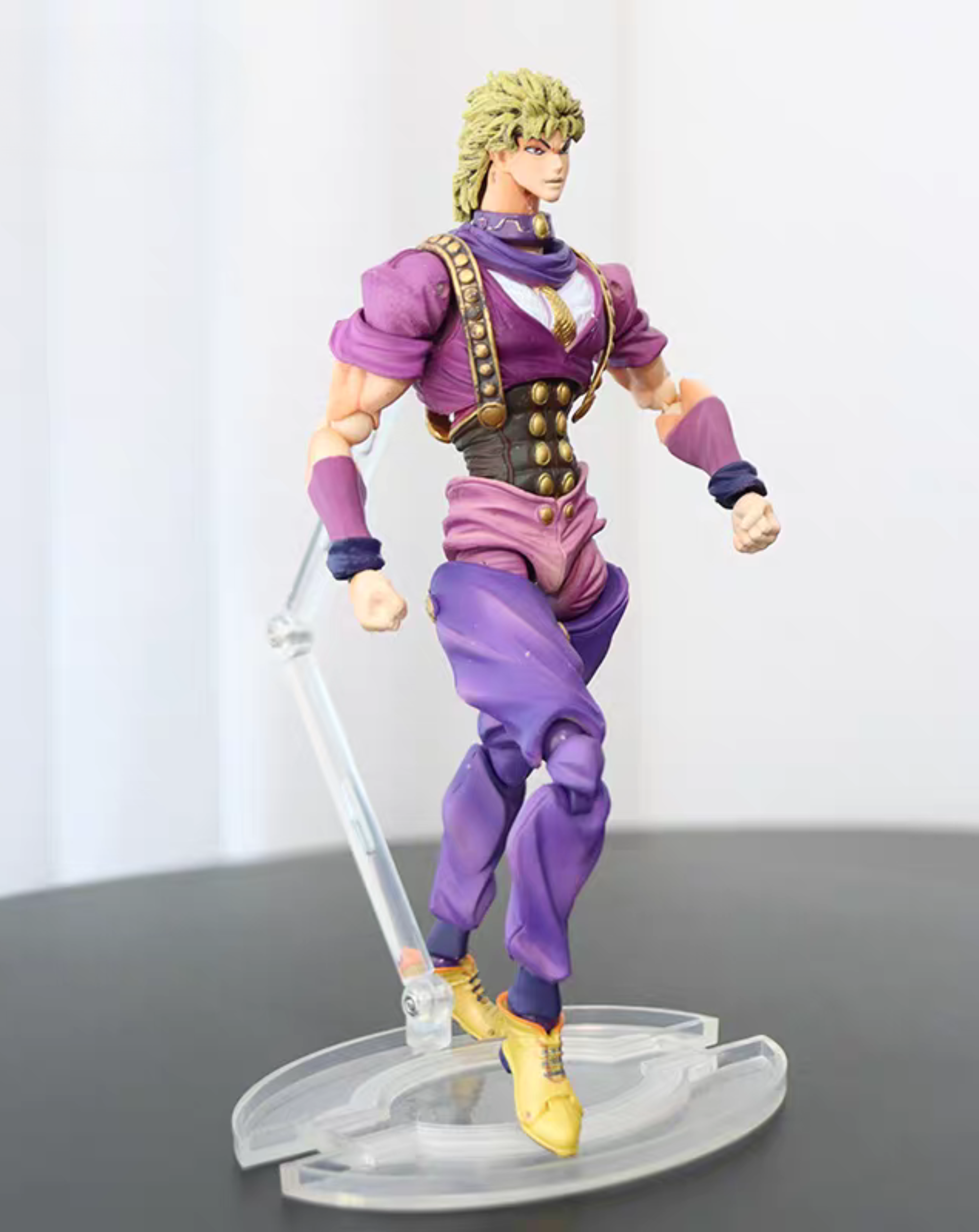 Dio Brando JoJo's Bizarre Adventure figure, dynamic side action pose on the clear stand with the detailed purple costume and hair