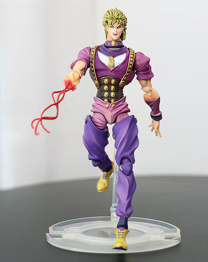 JoJo Dio Brando statue in a dramatic action pose with red effect part, front angle on the display base showing the full purple outfit