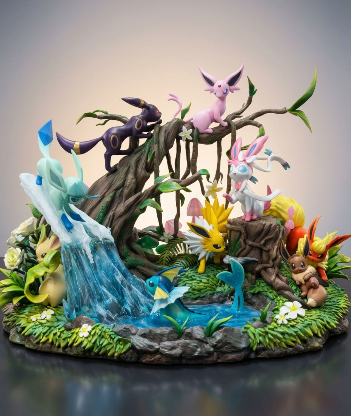 Eevee evolutions diorama 31cm front view with full Eeveelution lineup on forest waterfall base