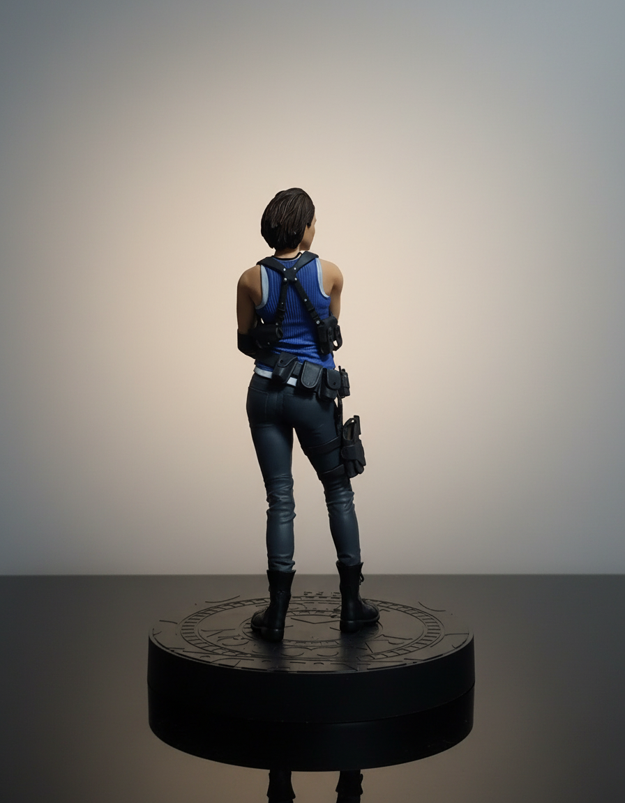 A collectible figure of a female character Jill Valentine from Resident Evil shown from behind, standing on a round black display base against a plain light gray studio background.