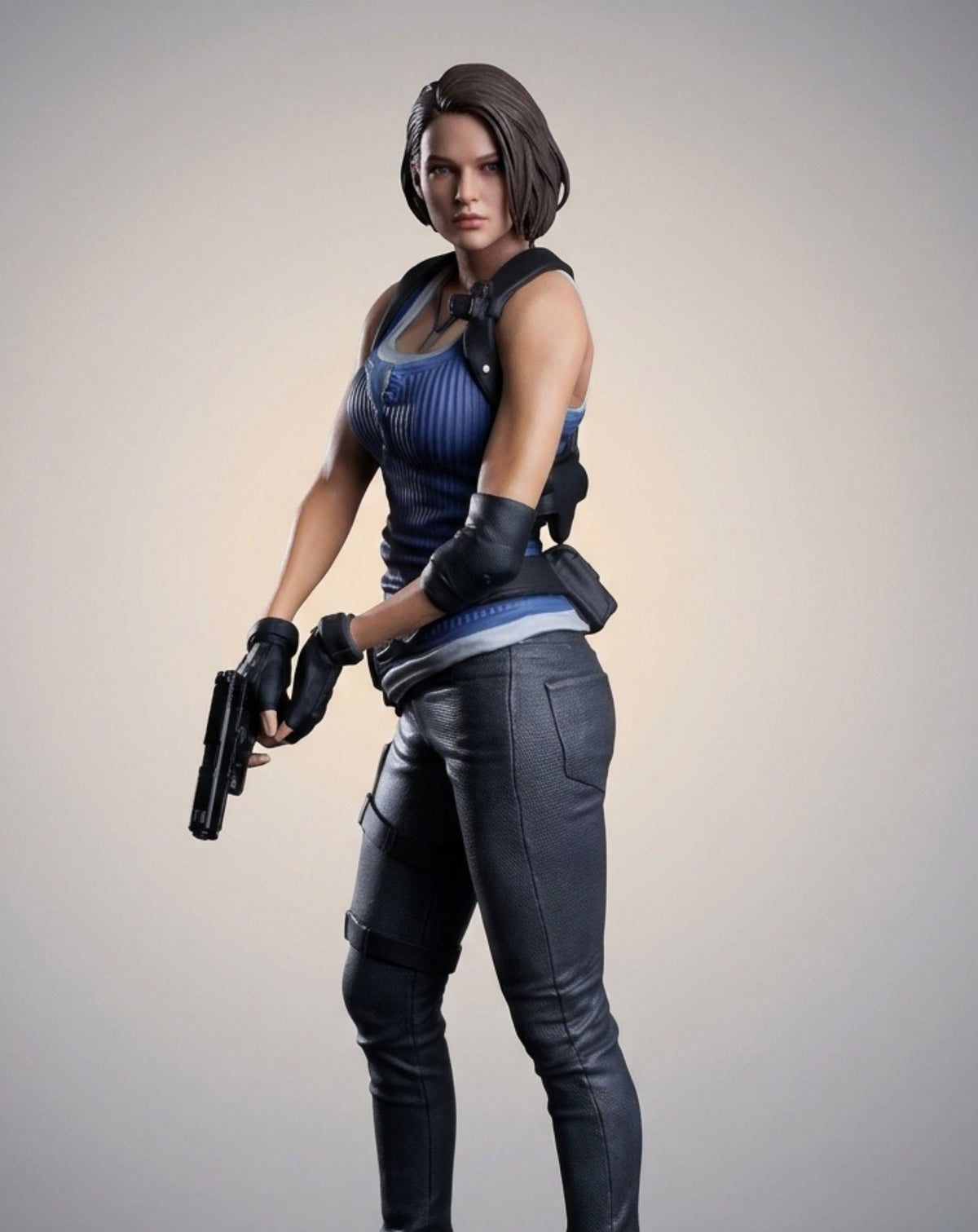 A collectible action figure of Jill Valentine from Resident Evil, posed holding a pistol against a neutral light gray background.