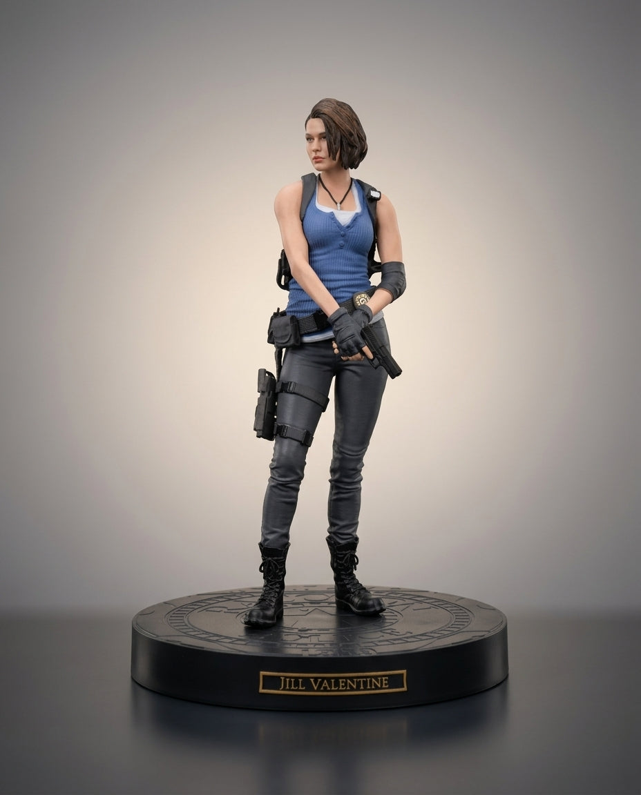 A Jill Valentine collectible figurine from Resident Evil, standing on a black circular base with a gold nameplate. She is depicted wearing her signature blue tank top, gray pants, and black combat boots and gear, set against a neutral gray studio background.