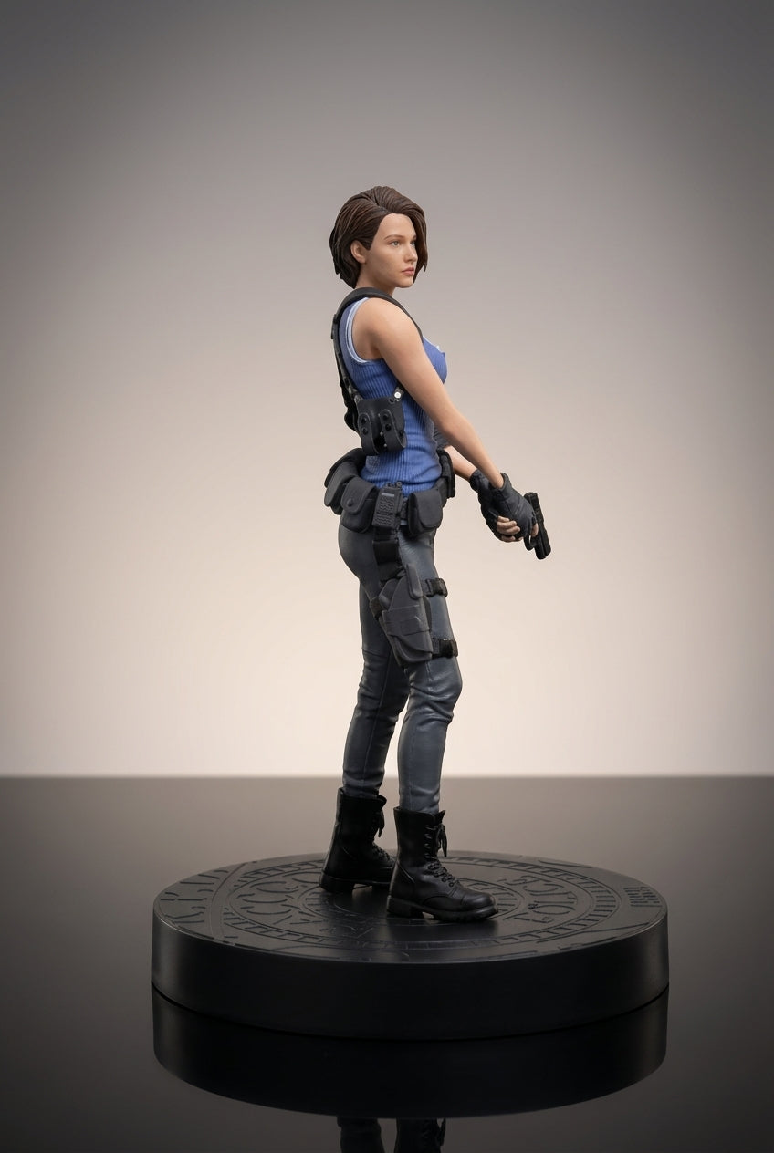 Jill Valentine figure side profile on its base, 30cm Resident Evil collectible showing the detailed outfit sculpt