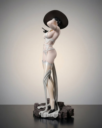 A stylized Lady Dimitrescu figurine in a pale pink and white lingerie outfit with a large black hat, posed on a dark textured base against a neutral studio background.