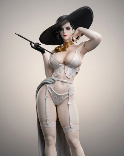 A stylized Lady Dimitrescu from Resident Evil figurine or statue wearing a white lingerie set with garter details, a large black hat, black gloves, and a gold choker, posed against a plain light gray studio background.