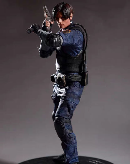 A detailed Leon Kennedy from Resident Evil in a tactical blue uniform with black gear, holding a pistol, posed on a dark studio background.