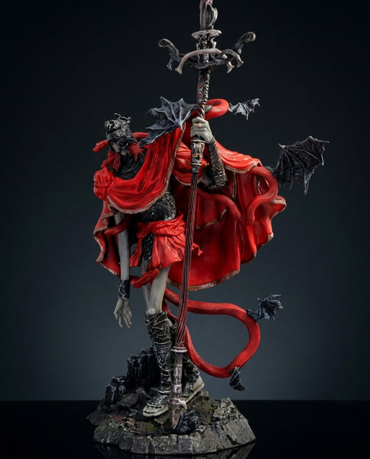 Messmer the Impaler Elden Ring figurine standing pose with flowing red cloak and spear against a soft grey studio backdrop