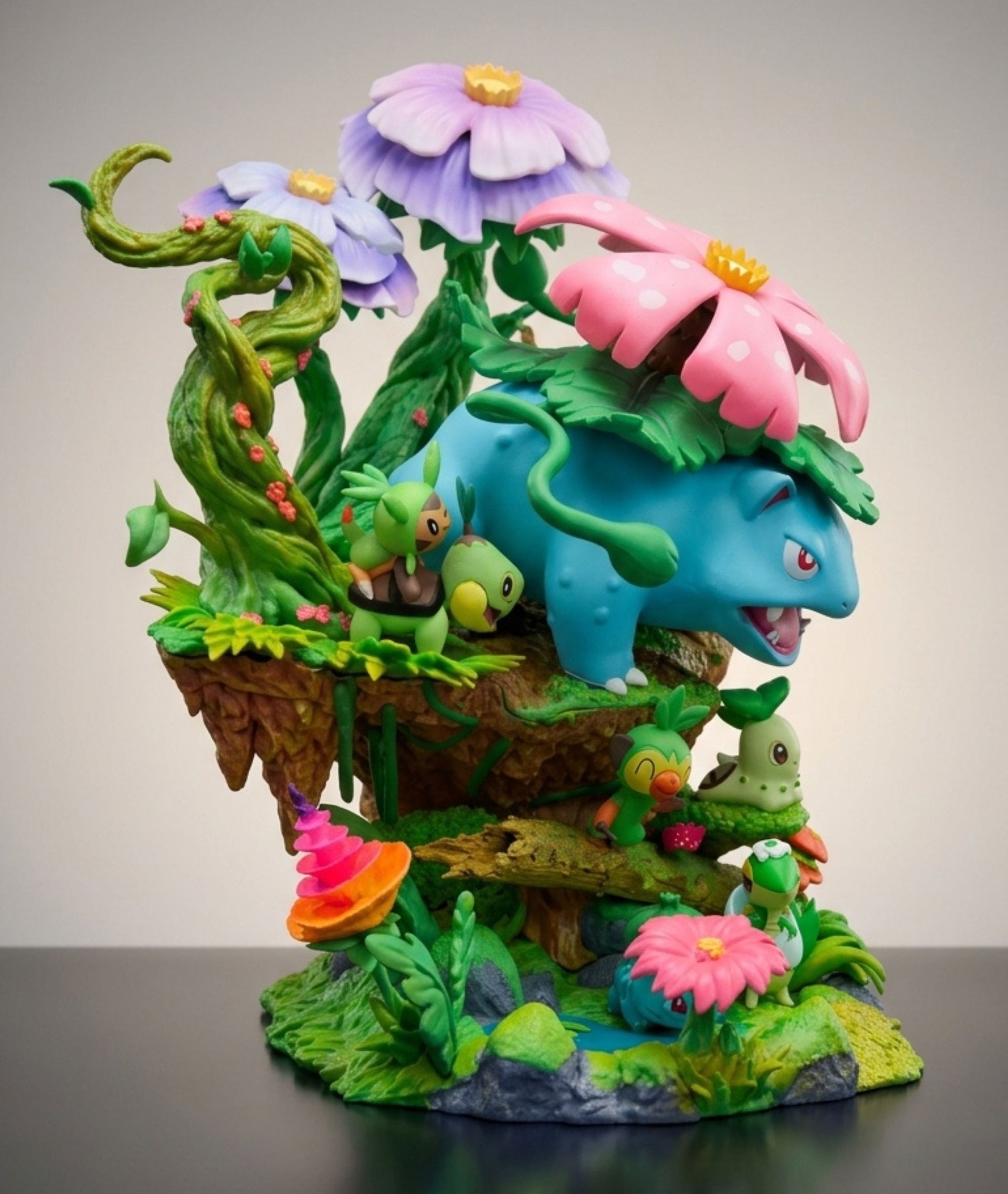 A detailed collectible figurine of Venusaur from Pokémon, standing on a floating rocky platform surrounded by Venus flytraps, flowers, and small green plants, photographed against a neutral studio background.