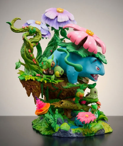 A detailed collectible figurine of Venusaur from Pokémon, standing on a floating rocky platform surrounded by Venus flytraps, flowers, and small green plants, photographed against a neutral studio background.