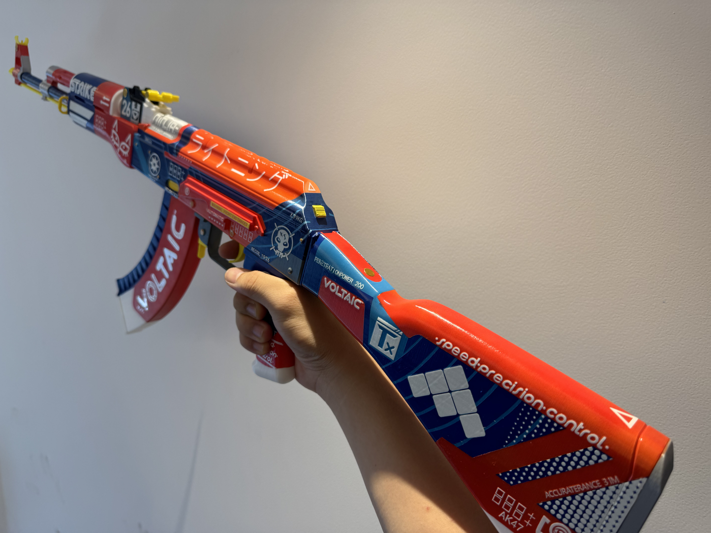 AK-47 Bloodsport CS2 life size cosplay prop held at mid angle showing full length
