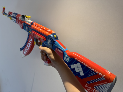 AK-47 Bloodsport CS2 life size cosplay prop held at mid angle showing full length