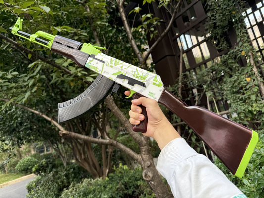 Real life size CS2 Hydroponic AK-47 replica on display stand — 1:1 scale plastic collectible, dark studio background, full length side view
