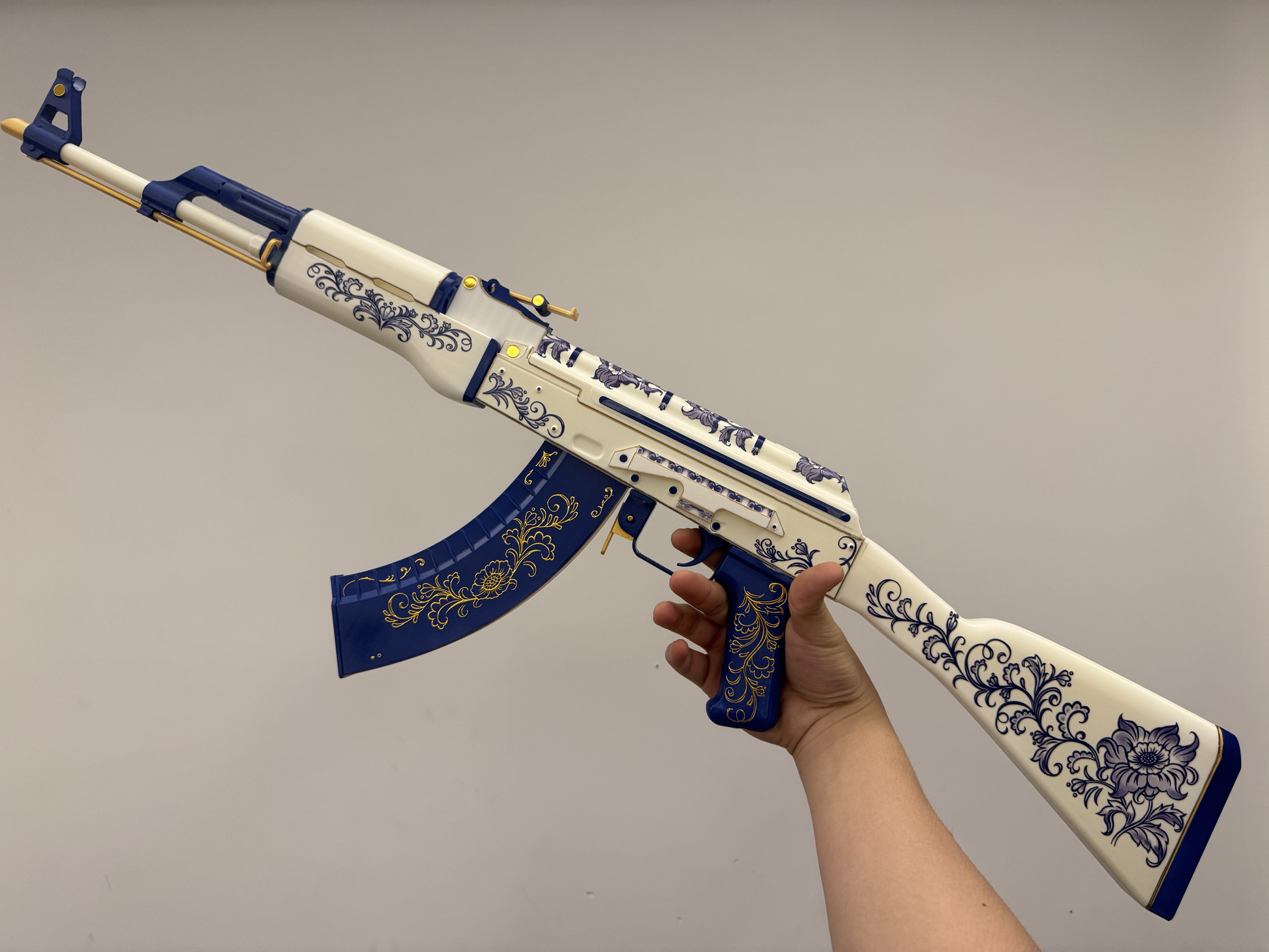 CS2 Inheritance AK-47 life size replica held in hands — 90cm fan made collectible prop, size reference photo, dark background