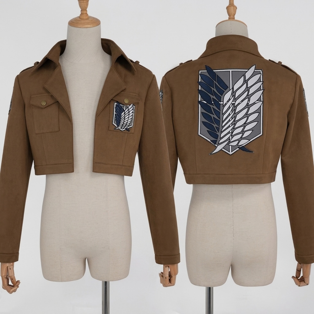 Front and back of brown cropped scout jacket cosplay with wings emblem, side by side mannequin view