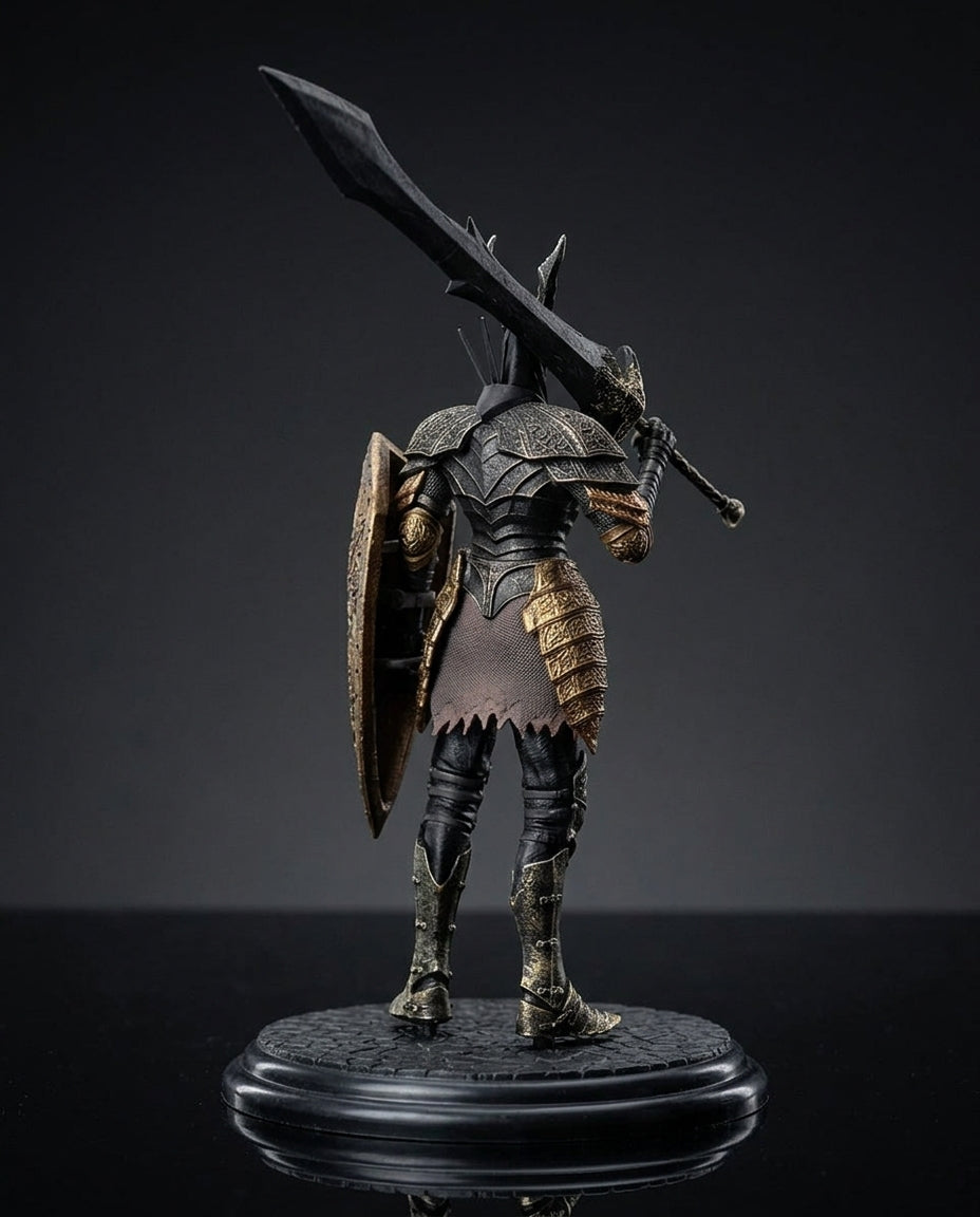 A detailed collectible statue of a 	Black Knight Dark Souls warrior character, shown from the back holding a large sword over his shoulder and a shield on a round display base against a dark studio background.