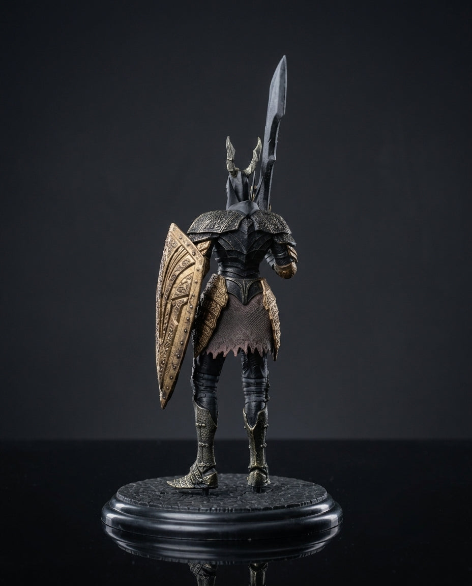 A detailed collectible figurine of Black Knight Full Body Statue Pose shown from the back, wearing dark metallic armor with gold accents, holding a shield and a tall sword, standing on a round black base against a dark studio background.
