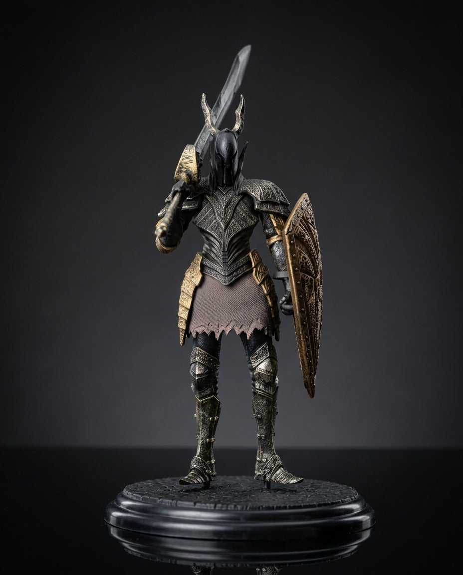 A detailed fBlack Knight Dark Souls Figurine standing on a round black display base against a dark studio background. The character is armored in dark metallic gray and bronze with gold accents, holding a sword over its shoulder and a shield on the left arm.