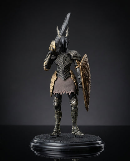 A detailed fBlack Knight Dark Souls Figurine standing on a round black display base against a dark studio background. The character is armored in dark metallic gray and bronze with gold accents, holding a sword over its shoulder and a shield on the left arm.