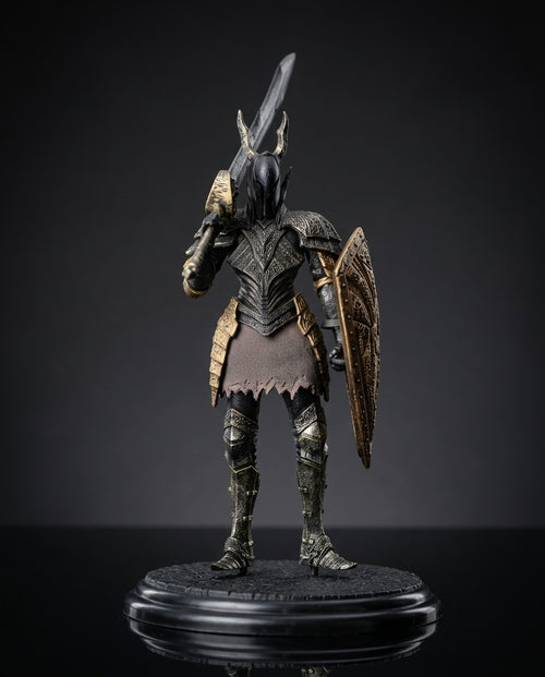 A detailed fBlack Knight Dark Souls Figurine standing on a round black display base against a dark studio background. The character is armored in dark metallic gray and bronze with gold accents, holding a sword over its shoulder and a shield on the left arm.