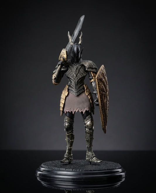 A detailed fBlack Knight Dark Souls Figurine standing on a round black display base against a dark studio background. The character is armored in dark metallic gray and bronze with gold accents, holding a sword over its shoulder and a shield on the left arm.