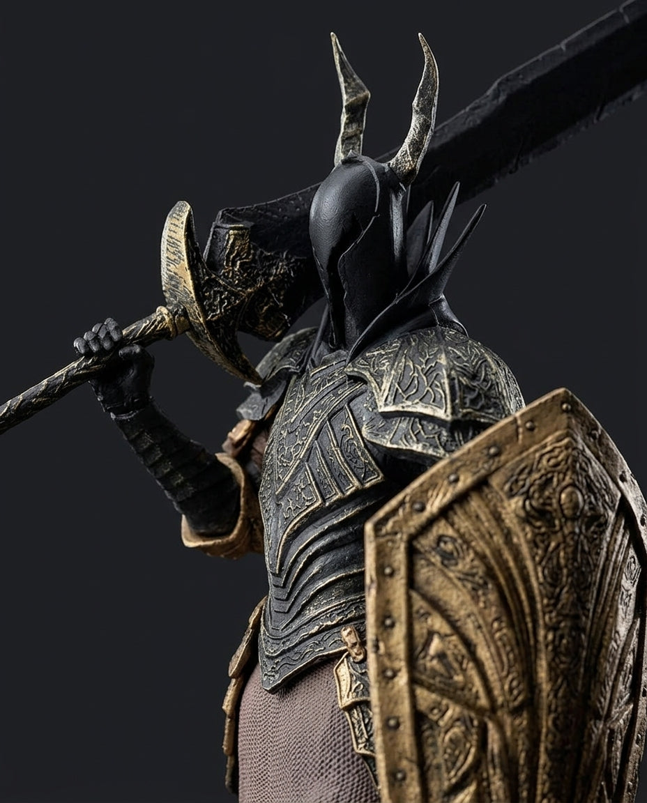 A close-up of a fantasy	Black Knight Dark Souls figurine, collectible statue, shown from the back and side. The character wears dark metallic armor with gold-toned engraved details, a black horned helmet, and carries a large ornate shield and a dark sword against a dark studio background.