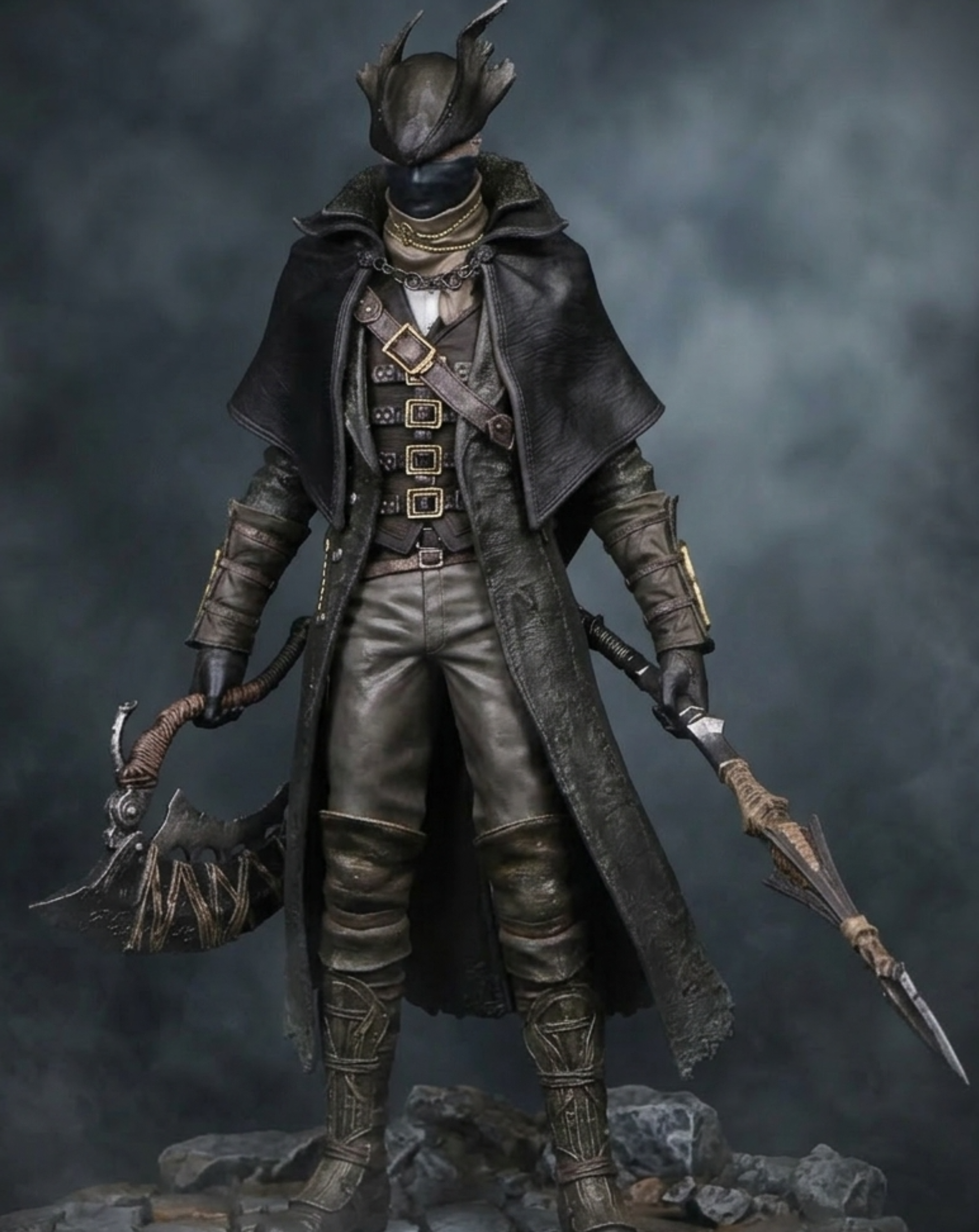 A highly detailed collectible of the Hunter from bloodborne, masked warrior character in a long dark coat and leather-like outfit, holding two weapons, set against a smoky dark gray background.