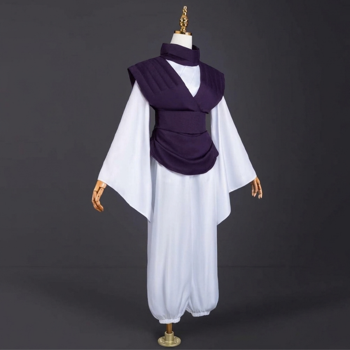 Side angle of Choso cosplay outfit showing purple vest, neck gaiter, flowing white sleeves and baggy pants