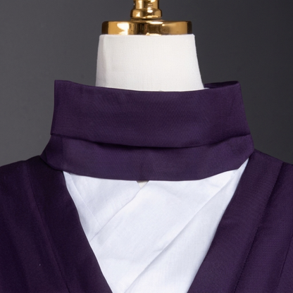 Purple high collar vest layered over white inner top, Choso cosplay costume collar detail close up