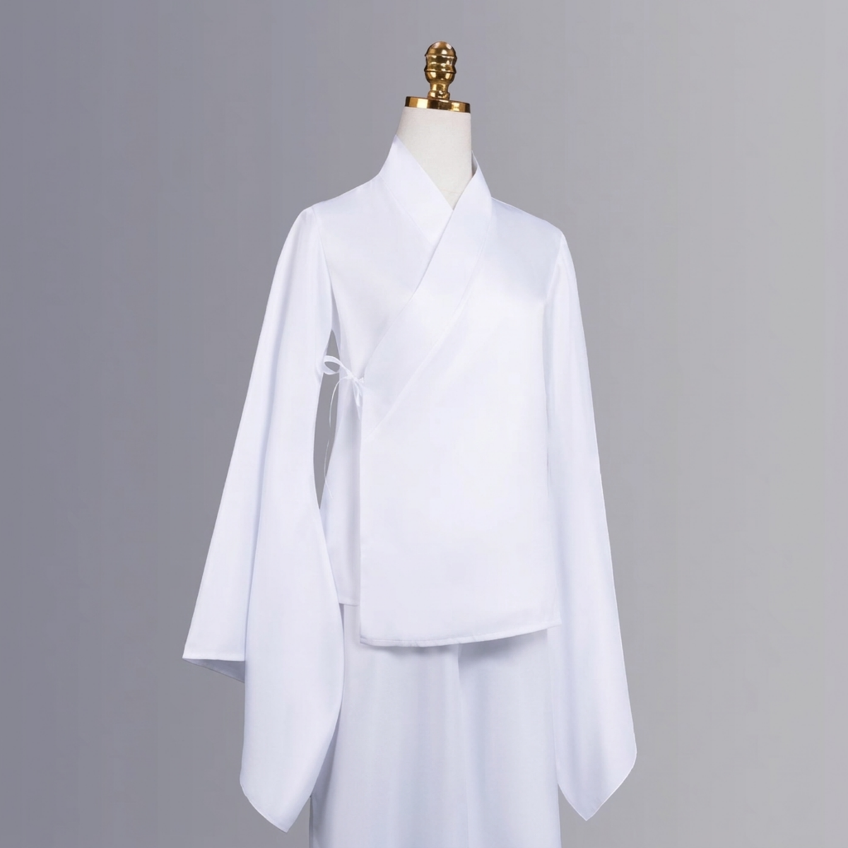 White wide sleeve wrap top for Choso cosplay costume set, front view on mannequin without vest