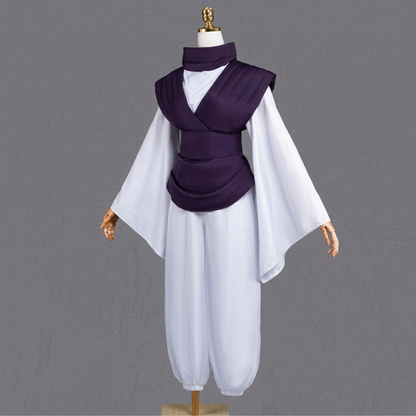 Choso cosplay outfit three quarter view with purple vest, neck gaiter, white sleeves and gathered ankle pants