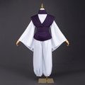 Choso cosplay costume set with purple wrap vest, white wide sleeve top and loose white pants, full front view