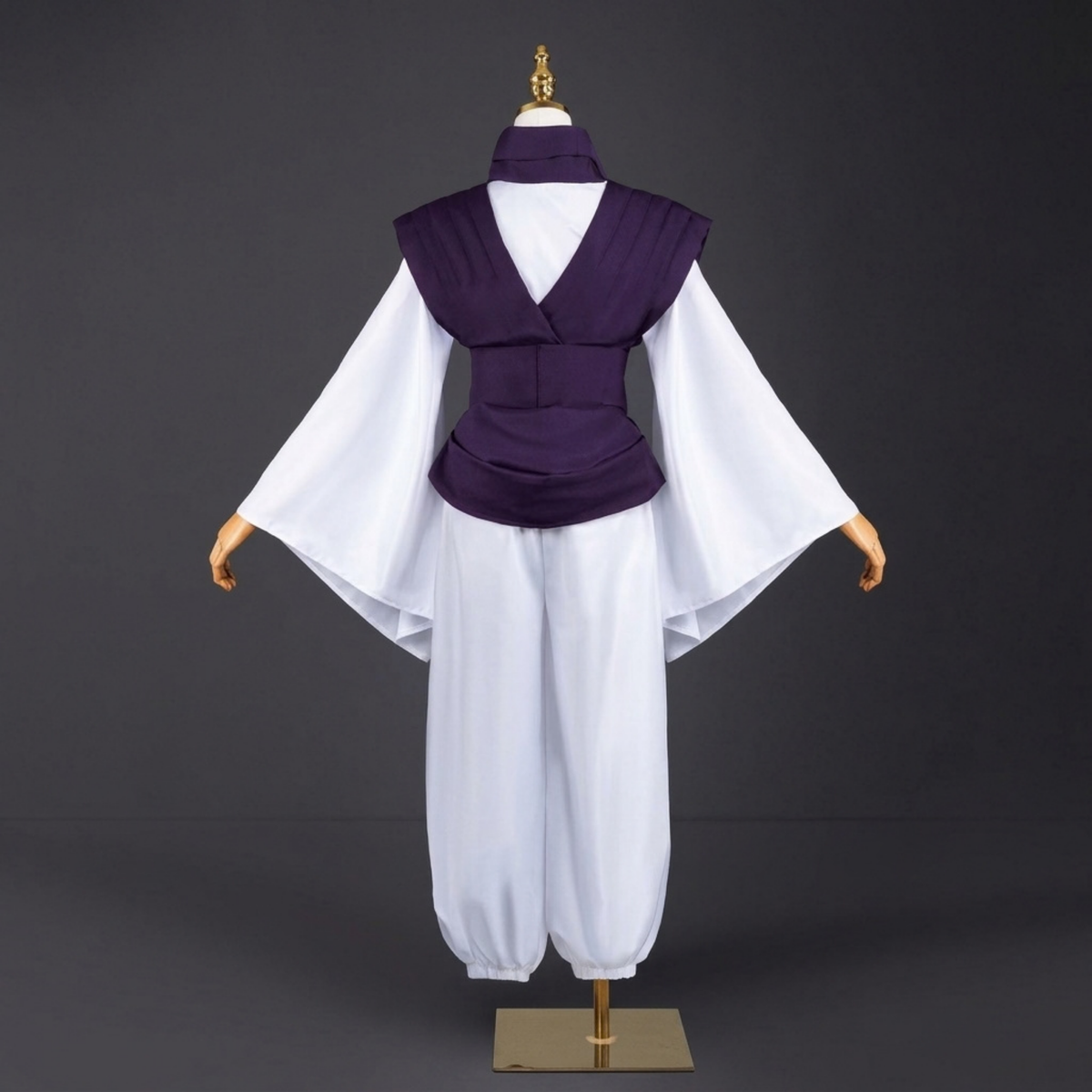 Choso cosplay costume set with purple wrap vest, white wide sleeve top and loose white pants, full front view
