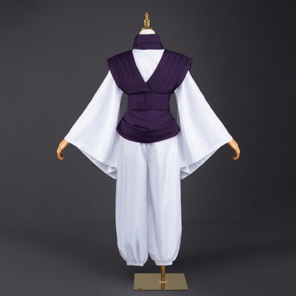 Choso cosplay costume set with purple wrap vest, white wide sleeve top and loose white pants, full front view
