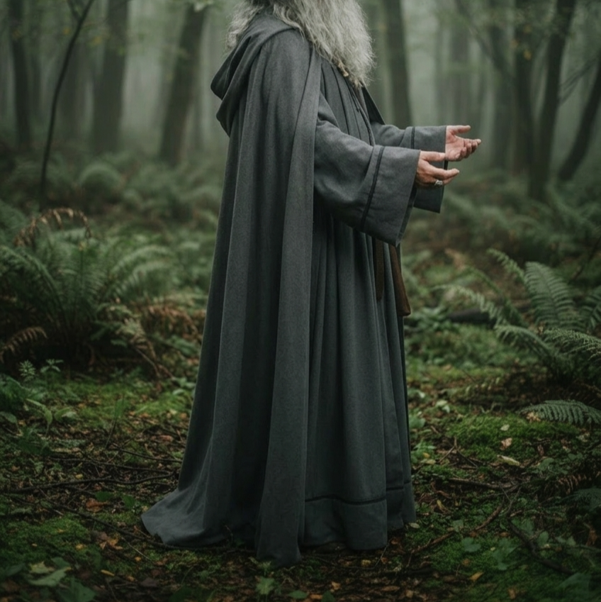 Gandalf the Grey cosplay full body side view in forest showing cloak length and layered outfit with belt