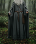 Gandalf the Grey full cosplay set worn in misty forest showing complete gray cloak and tunic with belt full body front view