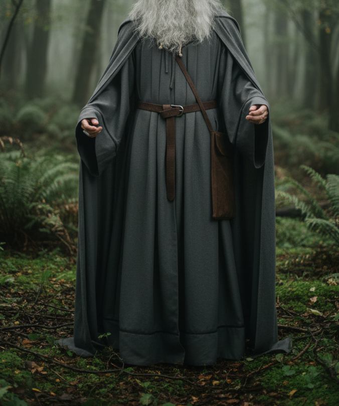 Gandalf the Grey full cosplay set worn in misty forest showing complete gray cloak and tunic with belt full body front view