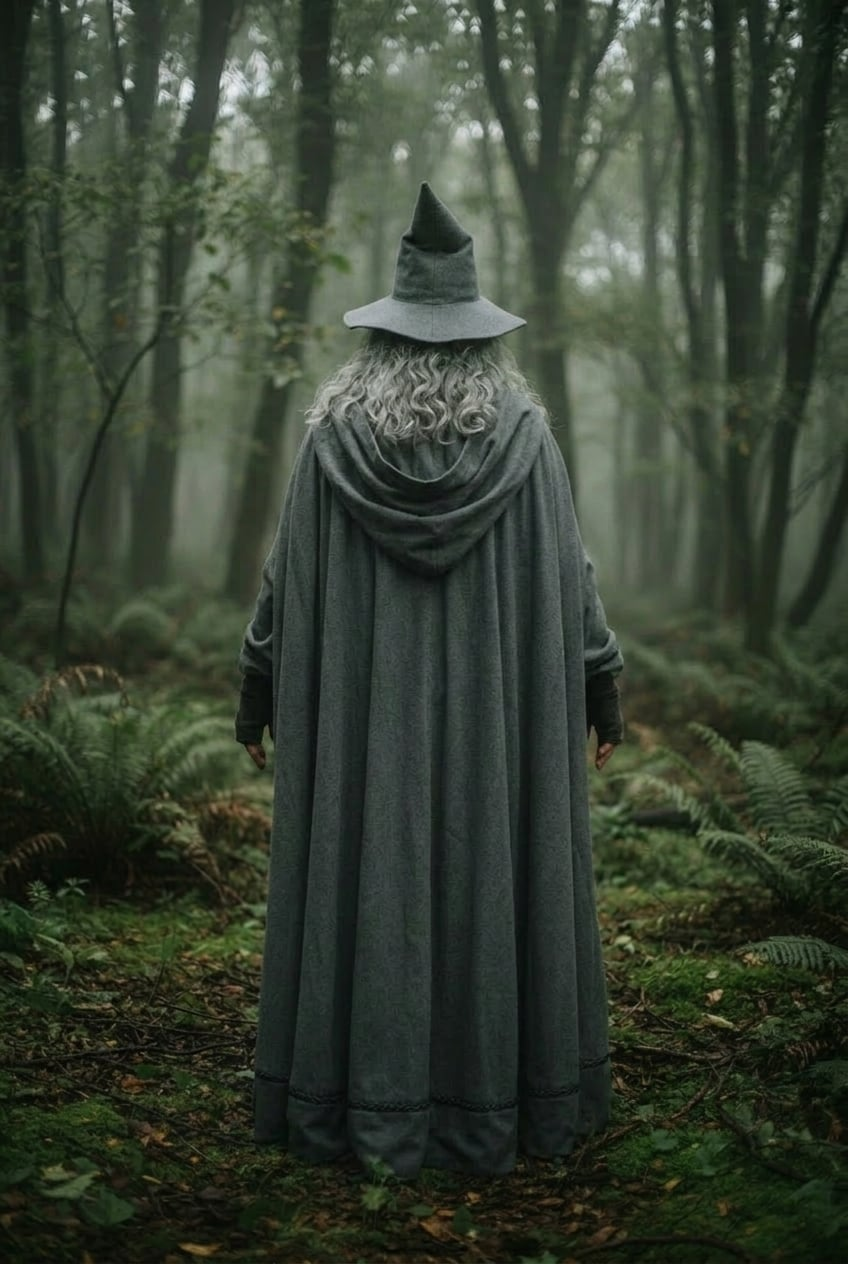 Gandalf cosplay full body rear view in forest showing hooded gray cloak drape and length
