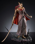 Elden Ring Valkyrie Figurine Front View. A detailed fantasy warrior figurine standing on a dark rocky base, wearing metallic gold armor, a long gray skirt, a red cape, and holding a curved sword against a dark studio background.