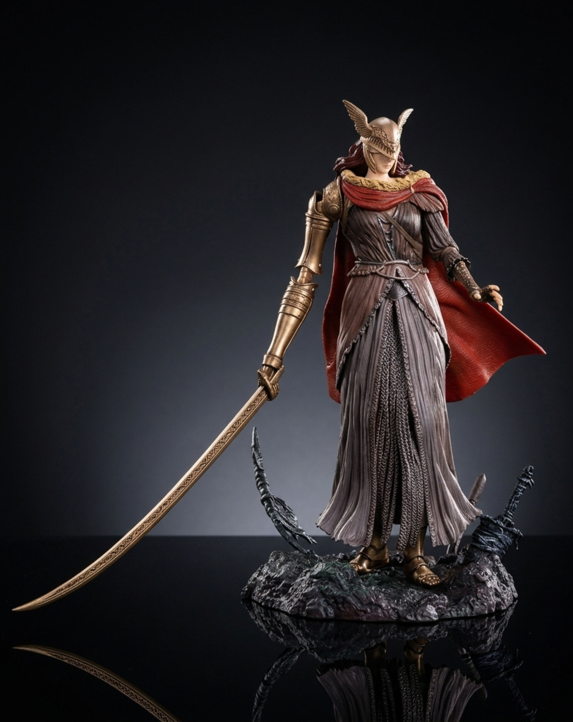 A detailed collectible Elden Ring Valkyrie Statue Full Body Pose in metallic armor and a flowing red cape, holding a long curved sword, standing on a dark rocky base against a dark studio background.
