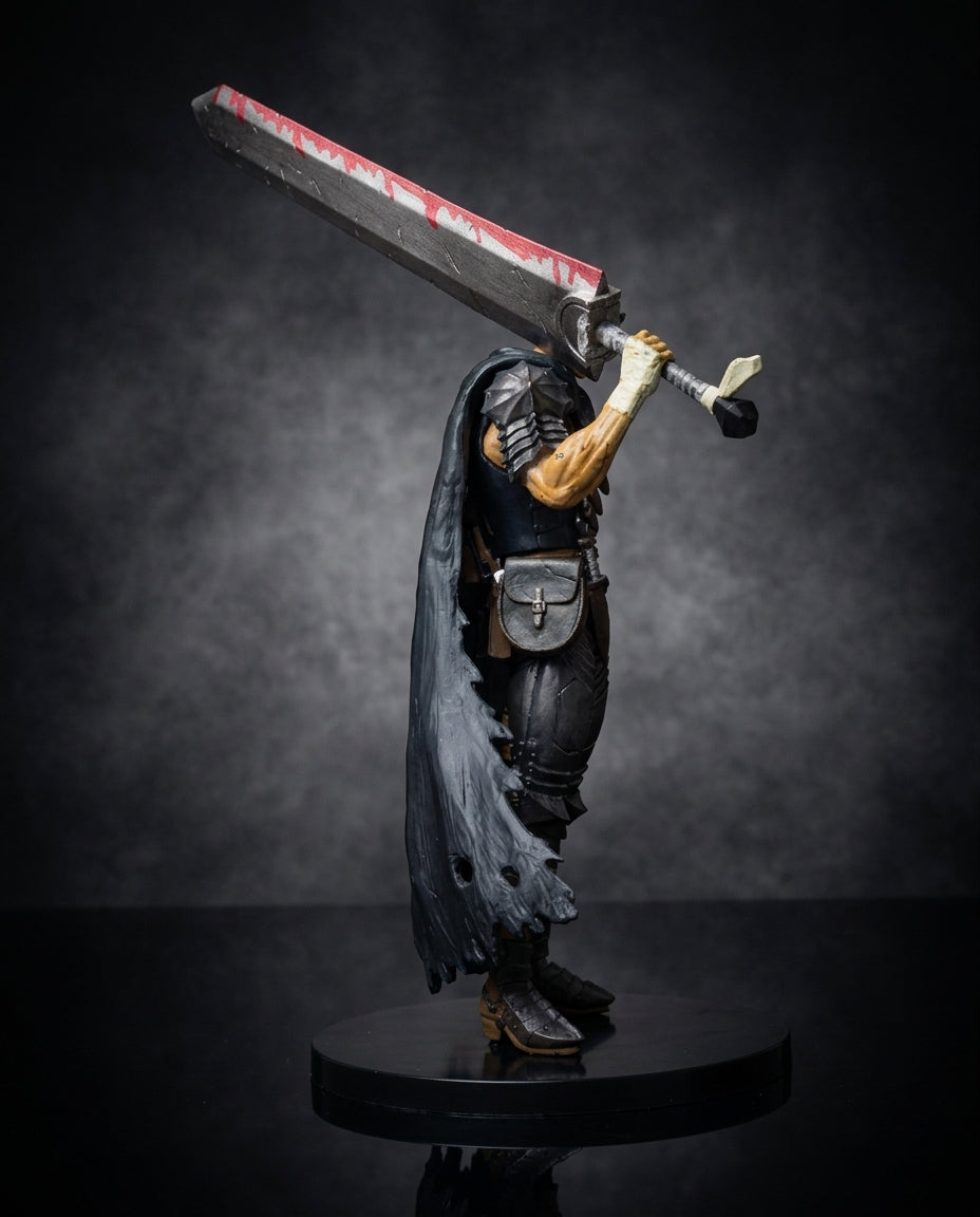 Guts the Black Swordsman anime figure, front view with the blood-marked Dragonslayer sword held upright beside the armored swordsman