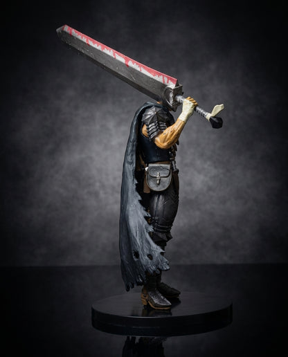 Guts the Black Swordsman anime figure, front view with the blood-marked Dragonslayer sword held upright beside the armored swordsman