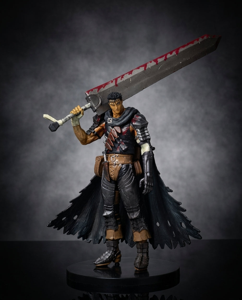 Guts Berserk figure holding the Dragonslayer greatsword raised high, full front view of the detailed 17cm Black Swordsman anime statue