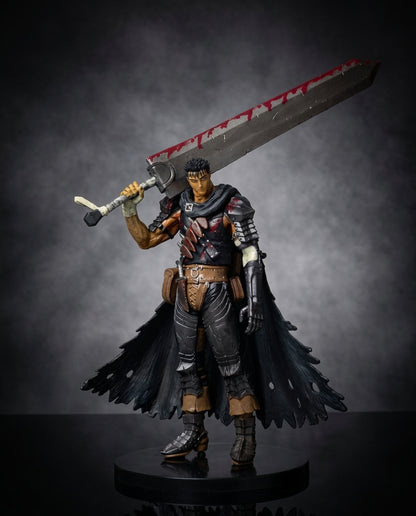 Guts Berserk figure holding the Dragonslayer greatsword raised high, full front view of the detailed 17cm Black Swordsman anime statue
