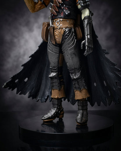 Berserk Guts anime collectible, close-up detail of the blood-marked Dragonslayer blade, scarred armor and battle-damaged sculpt work