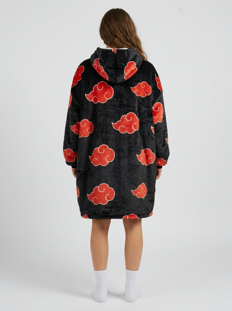 Red cloud black blanket hoodie with oversized hood worn on model, back view of the cloud pattern